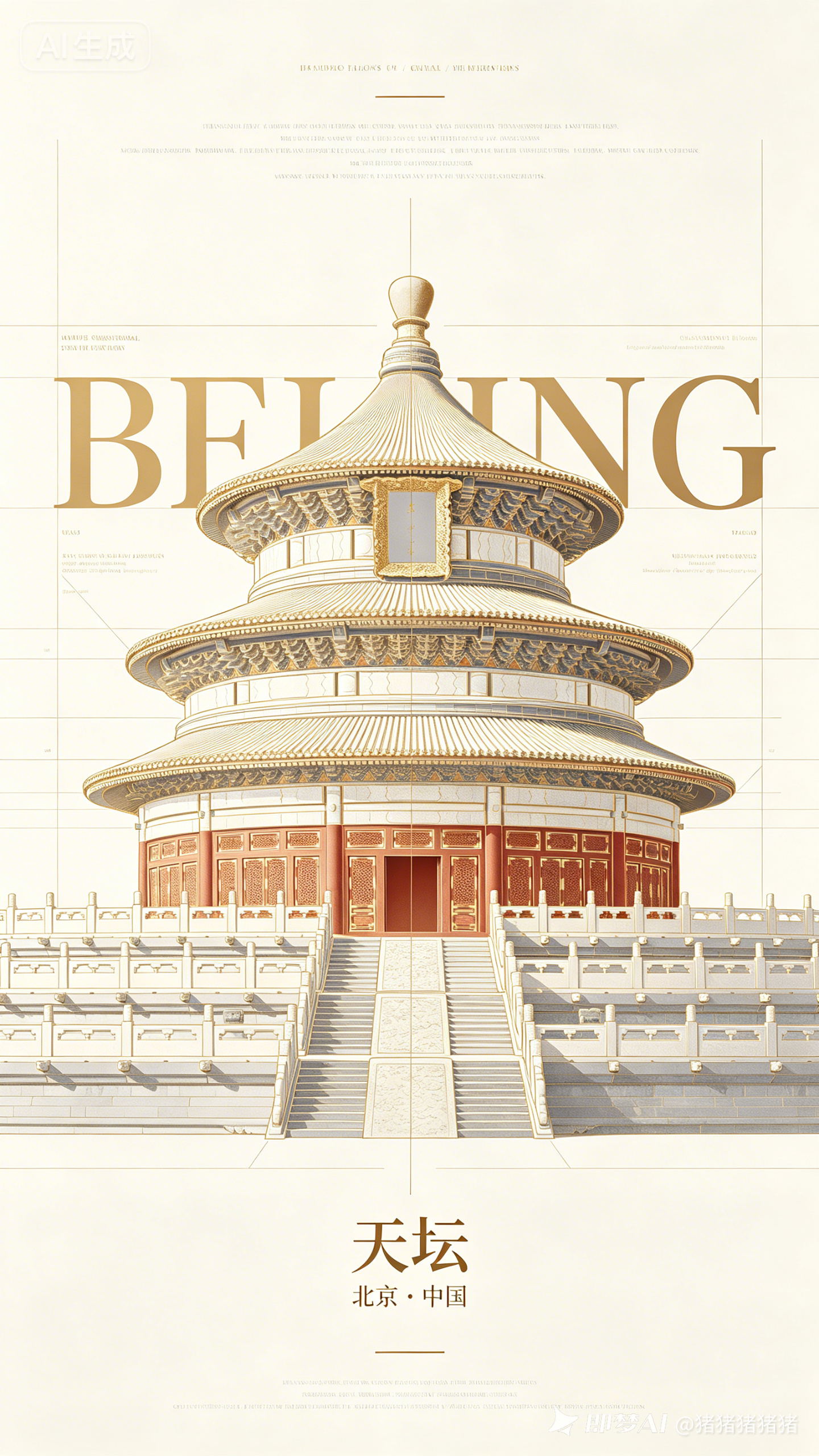 竖版高端艺术海报,天坛主体居中构图,香槟金细线条精准勾边天坛轮廓与屋檐曲线,字体