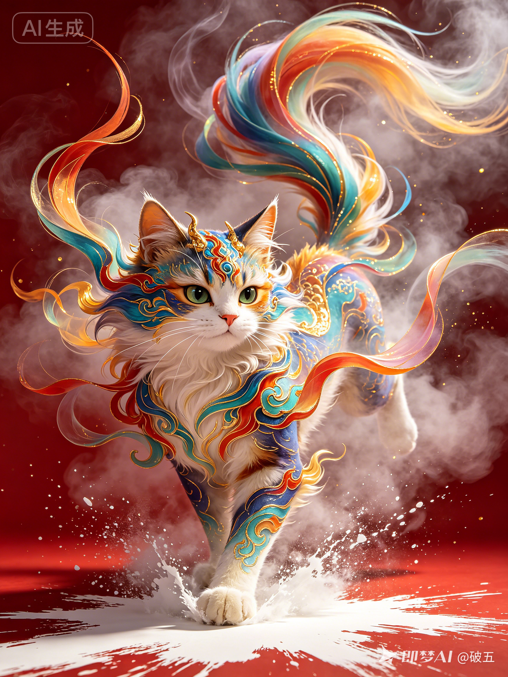 cg插画，珐琅彩猫神兽，无尾。浓密绵长的彩绘线条环绕神兽，向后飘舞、流动，拉出残