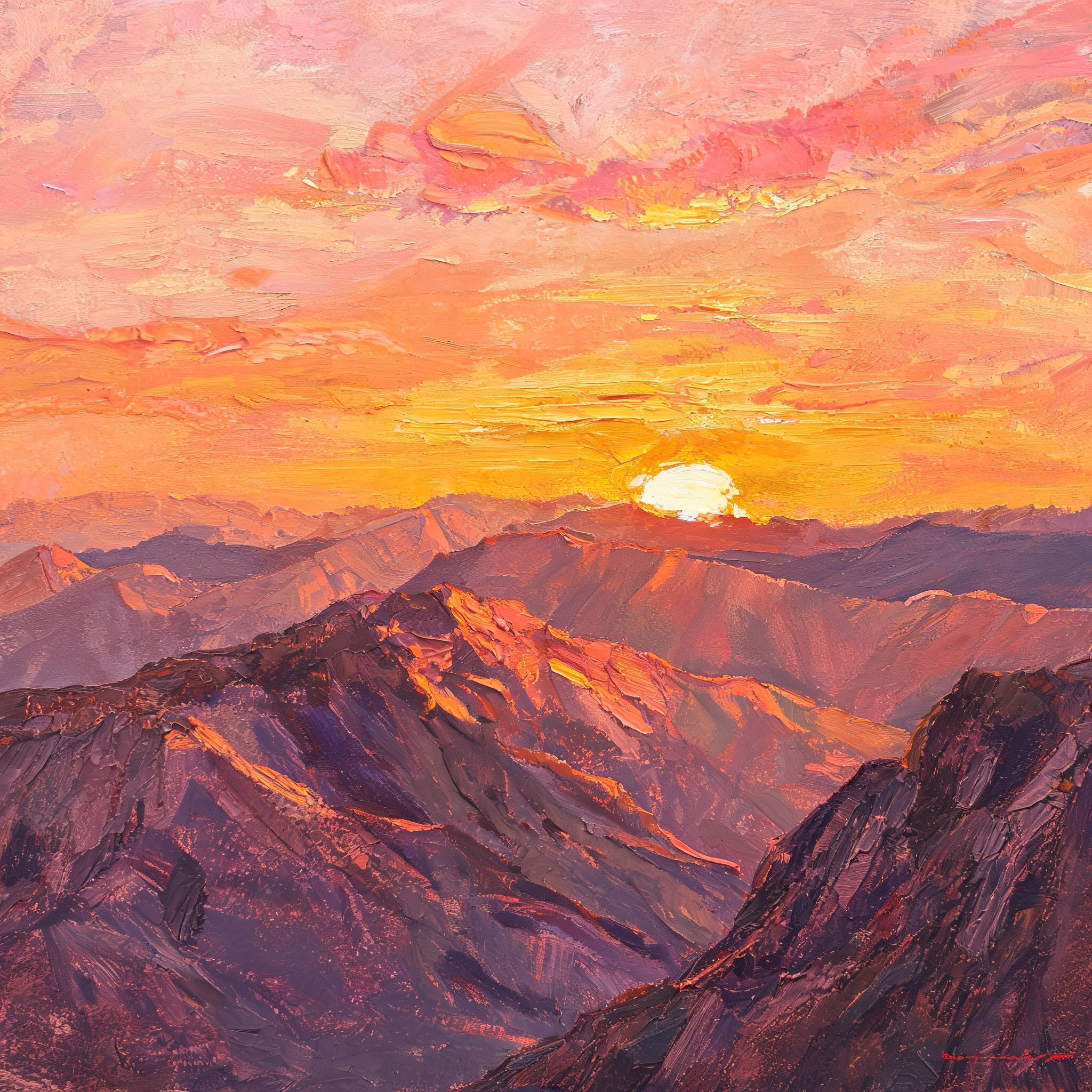 sunset over mountains, oil painting...