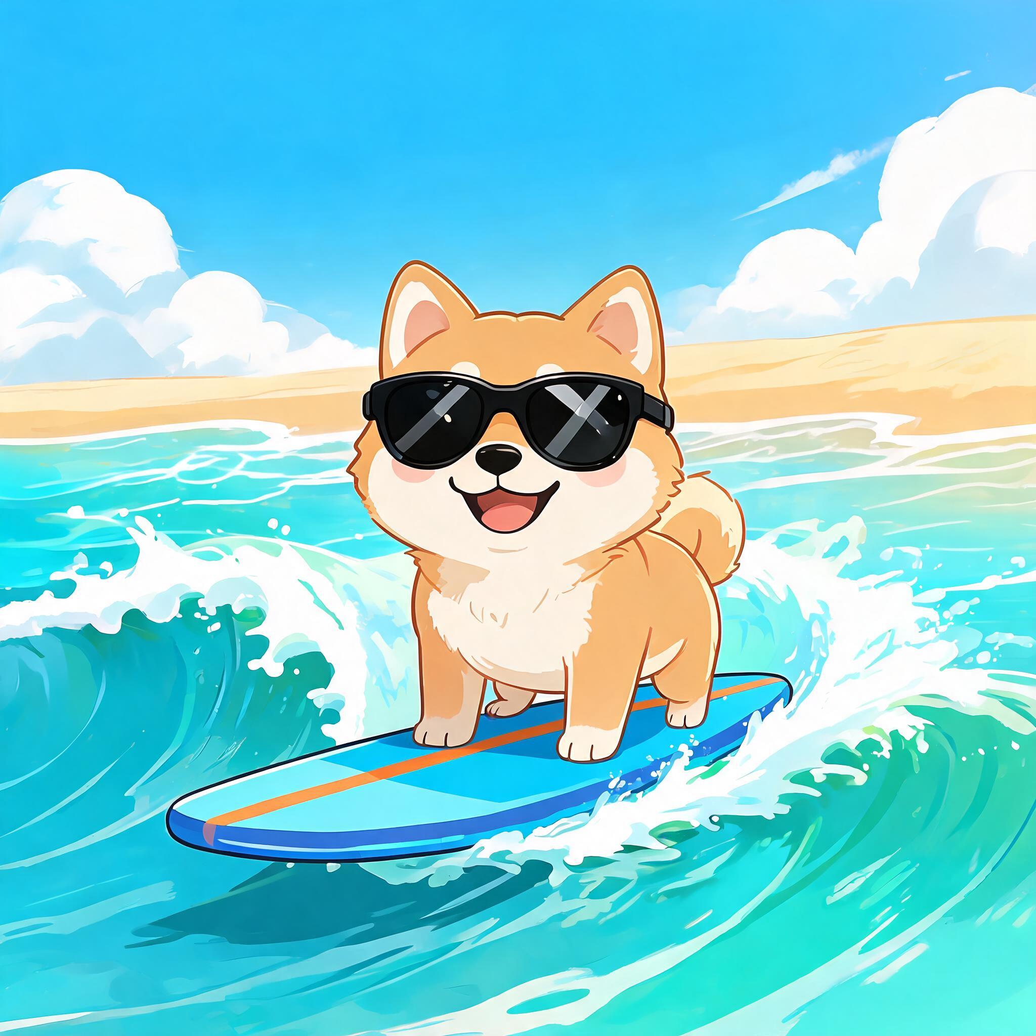 一只柴犬戴着墨镜在海滩上冲浪, 卡通风格, 明亮色彩